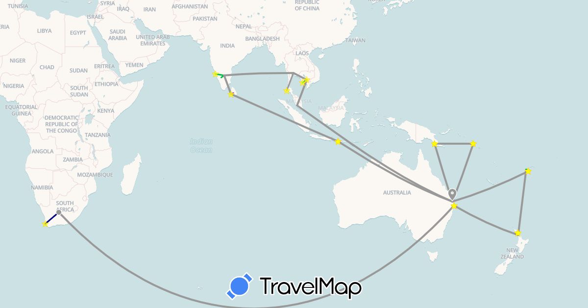 TravelMap itinerary: driving, bus, plane, train, hiking in Australia, Fiji, Indonesia, India, Cambodia, Sri Lanka, Malaysia, New Zealand, Papua New Guinea, Solomon Islands, Thailand, South Africa (Africa, Asia, Oceania)